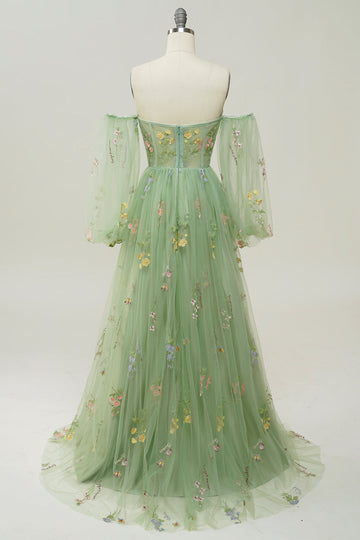 Green Off The Shoulder Long Sleeves A-Line Ball Dress